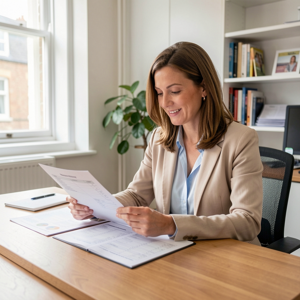 Professional nutritionist seated at a wooden desk reviewing printed dietary assessment forms in a clean, well-lit London office