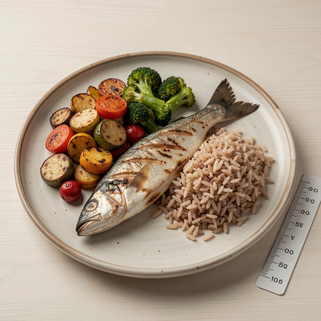 A balanced meal of grilled fish, roasted vegetables, and brown rice portioned on a ceramic plate with a measuring reference card alongside