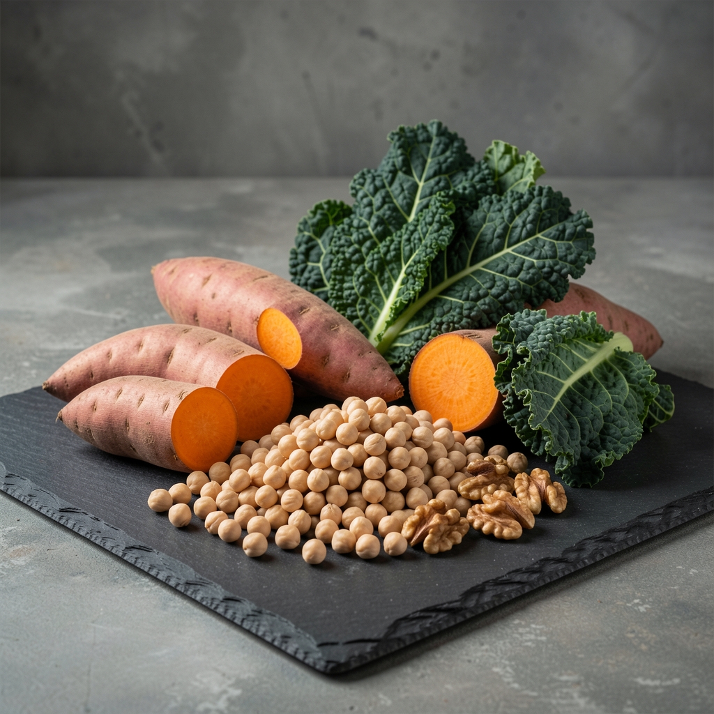 Assorted whole foods including sweet potatoes, kale, chickpeas and walnuts arranged in an industrial-style still life on dark slate