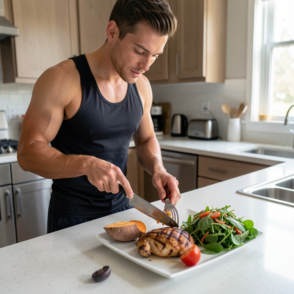 Athletic person preparing a post-workout meal with grilled chicken, sweet potato and green salad on a kitchen counter