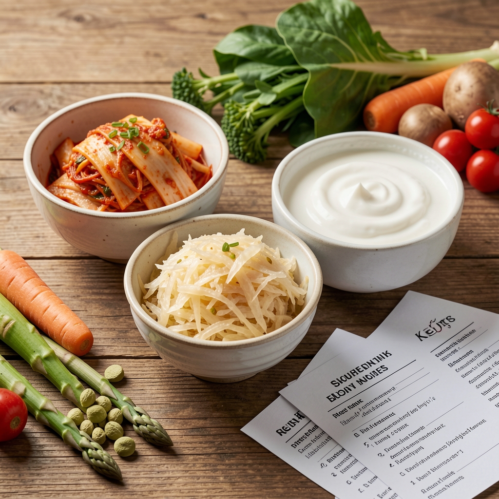Bowls of fermented foods including kimchi, sauerkraut and kefir alongside prebiotic vegetables on a wooden surface with recipe cards